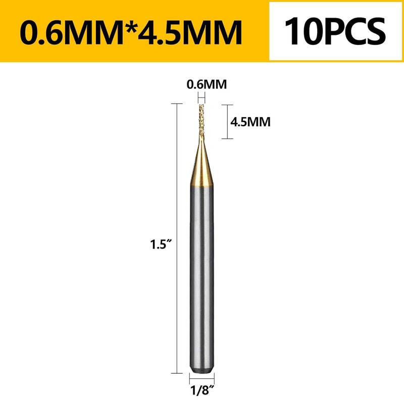 WEXWE Store Tools 10Pcs 0.6mm TiN Coating Solid Carbide End Mill Engraving Milling Cutter CNC Router Bits for PCB Machine, 1/8" Shank 1BOX - Image 5